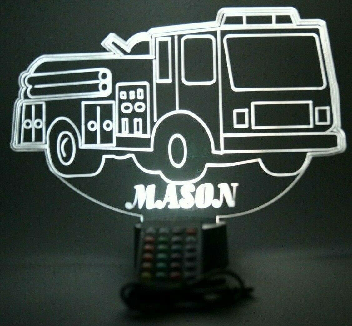 MIRROR MANIA Fire Engine Truck Shape Design Engraved Handmade Personalized Firefighter Night Light Up Lamp LED, Table Desk Lamp Home Room Decor with Remote, 16 Bright Colors - It's Wow