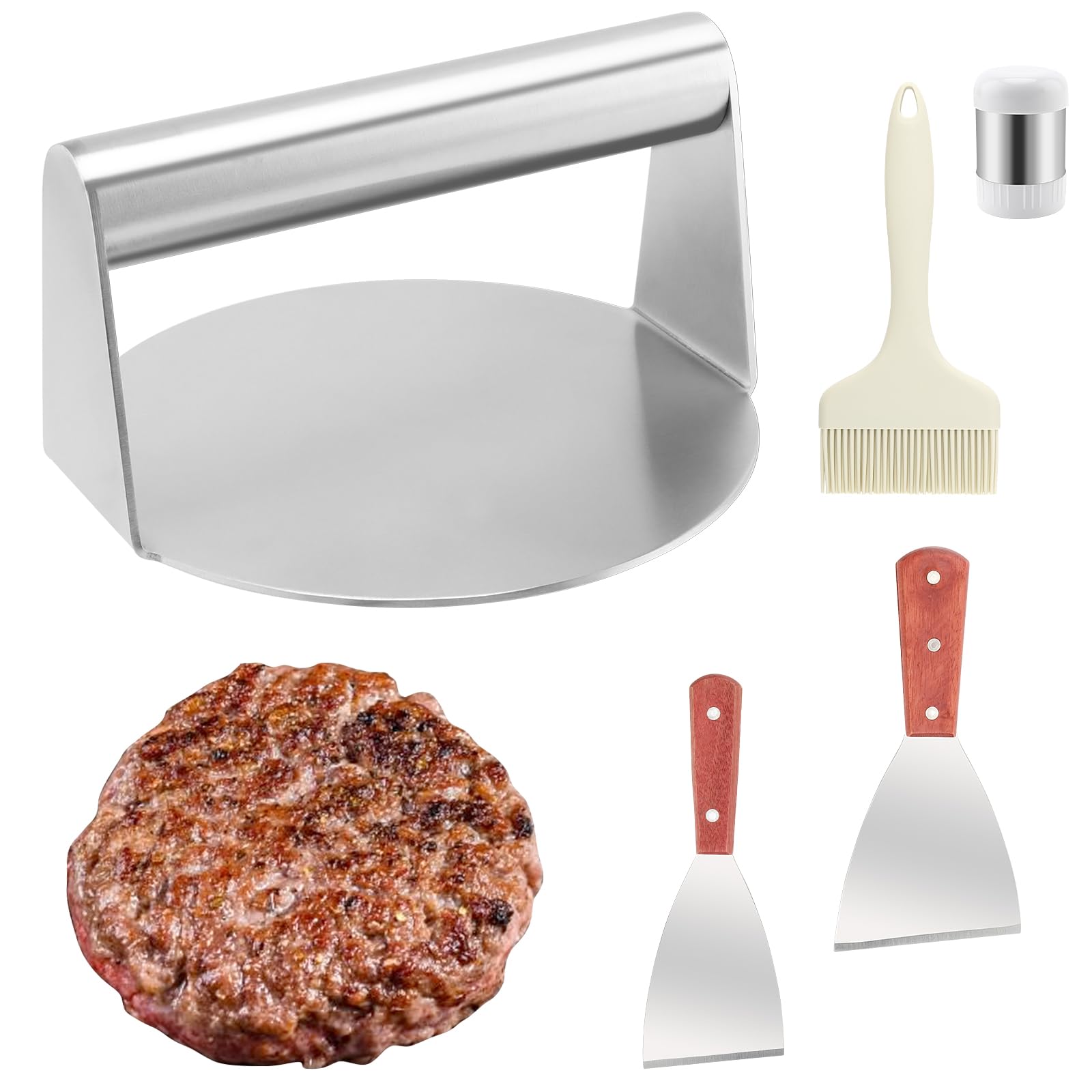 PINGEUI5 PCS Smash Burger Press Set, 5.5 Inch Stainless Steel Round Meat Press with 2 Spatulas, Oil Brush and Spice Shaker, Smashed Burger Press Accessories Kit for BBQ, Grill, Steak, Bacon