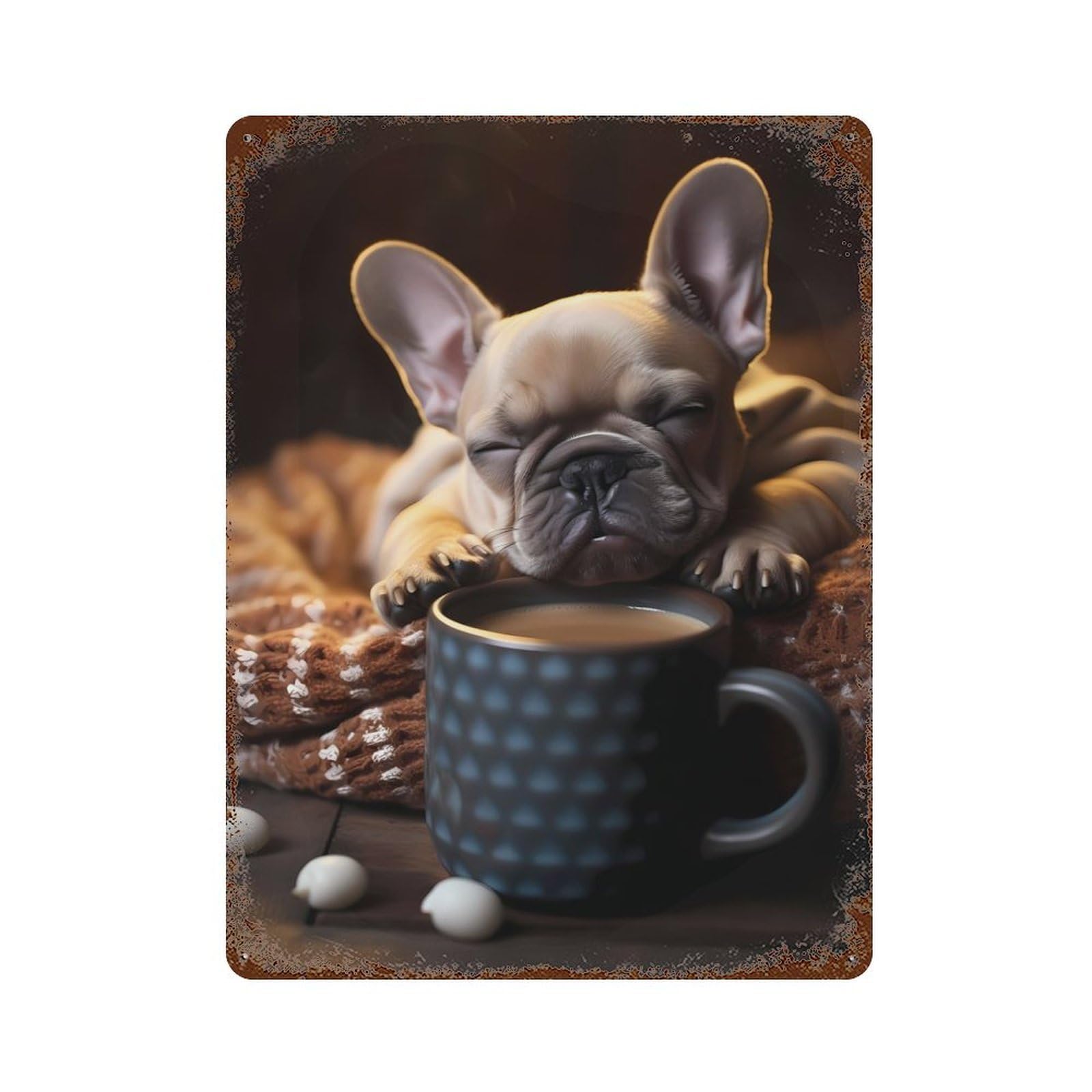Vintage Rust Metal Sign French Bulldog Pup Coffee 15.7"x11.8", Shabby Chic Decor for Cafe, Home Bar And Lounge Decor