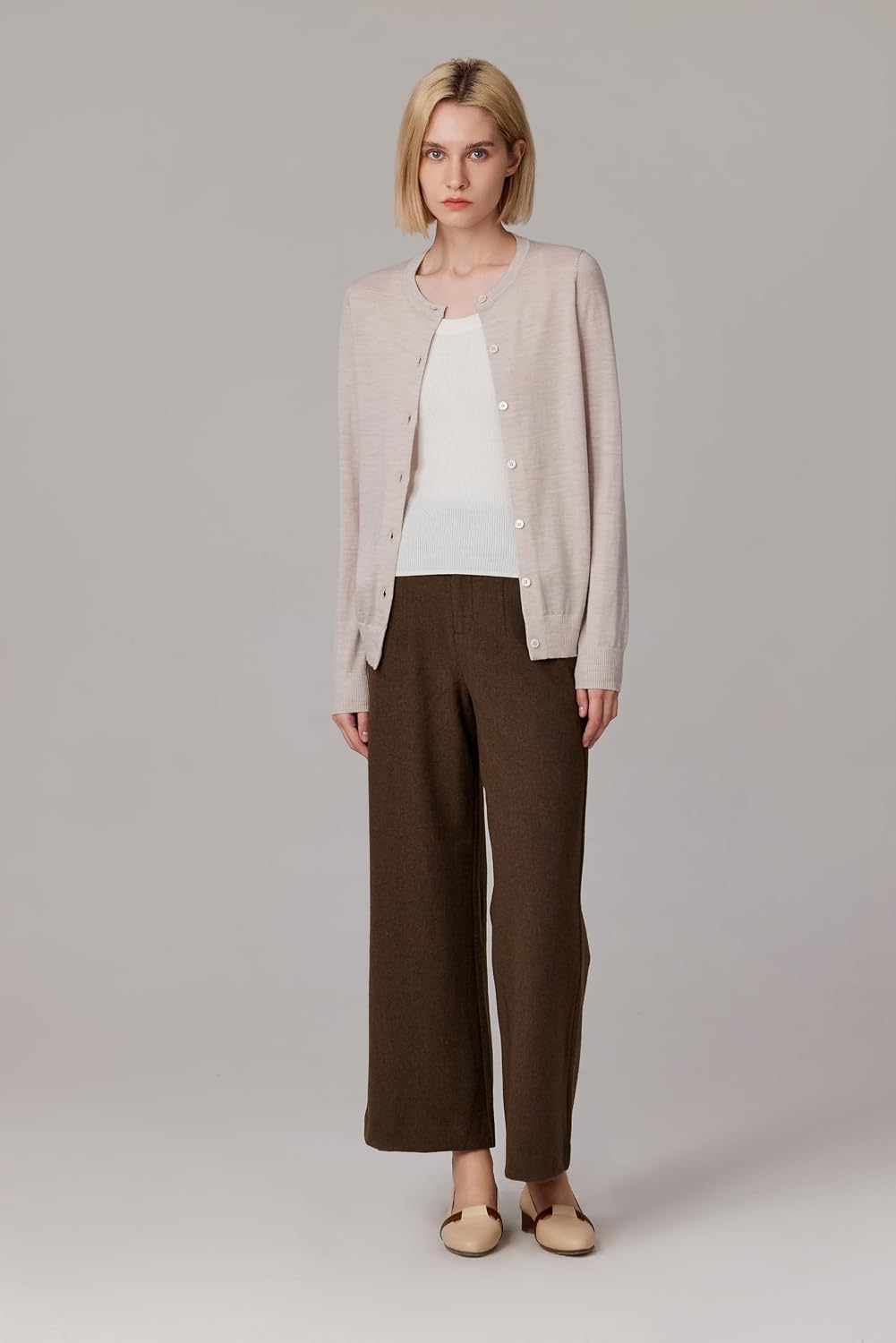 JENNIE LIU Women's 100% Merino Wool Crewneck Cardigan Sweater