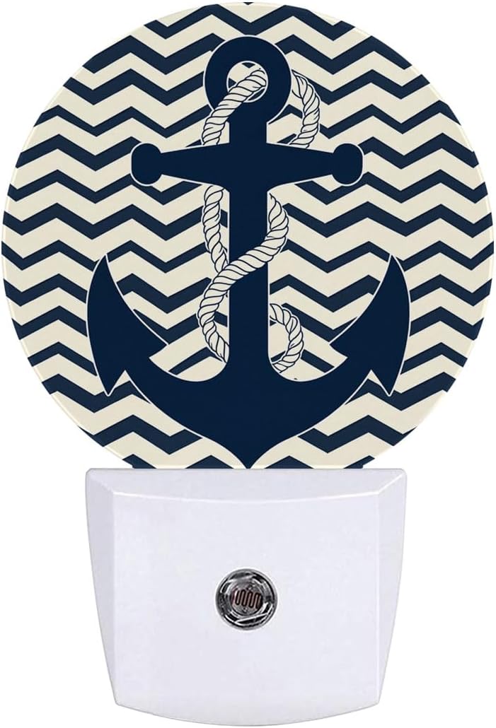Nautical Anchor Stripes Night Light Plug Into Wall Auto Led Sleep Round Lamp for Living Room Hallway Stairs