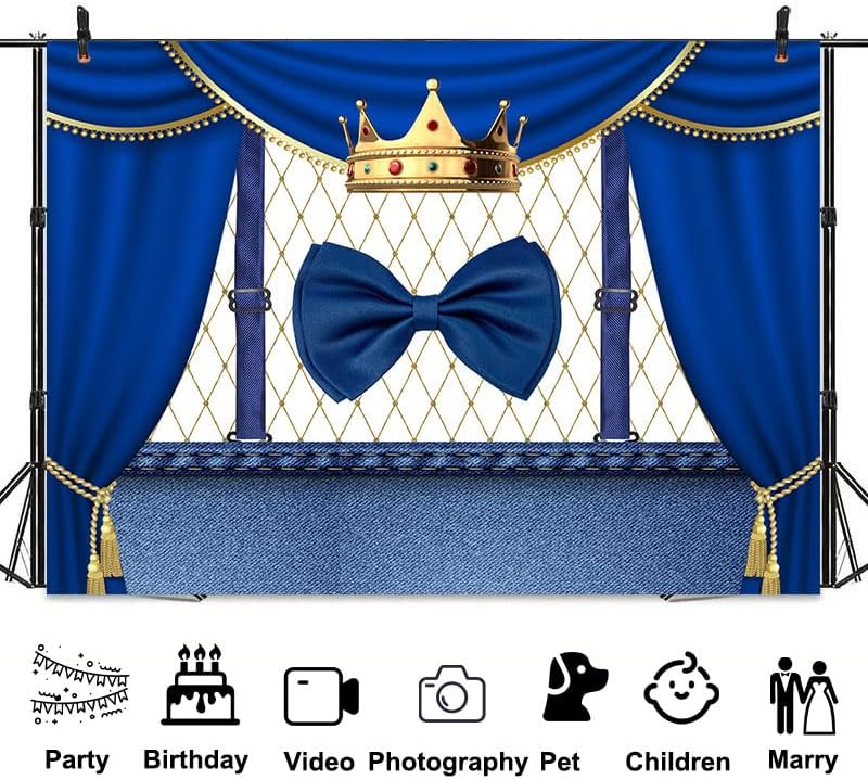 Miniatura 5 de Telón de fondo de cumpleaños para niños, diseño de caballero, esmoquin, arco para niños, corona de feliz cumpleaños, baby shower, fotografía de