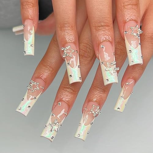 Miniatura 4 de Uñas postizas cuadradas largas a presión, uñas postizas con diamantes de imitación de estrella 3D, diseños de dijes brillantes de ataúd, puntas de