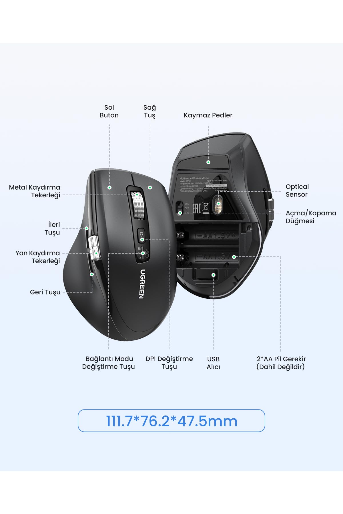 Mysz bezprzewodowa UGREEN 2,4 GHz z Bluetooth z ultraszybkim przewijaniem, ergonomiczna mysz z cichym kliknięciem, zasięg 10 m, kompatybilna z systemami Windows, Linux, macOS, Android i innymi