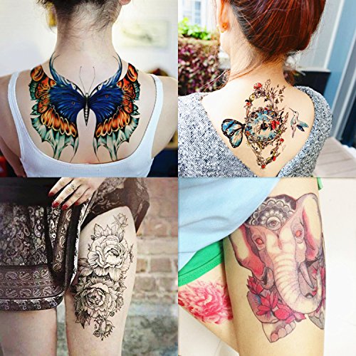 DaLin 4 Sheets Temporary Tattoos, Butterfly, Rose, Elephant