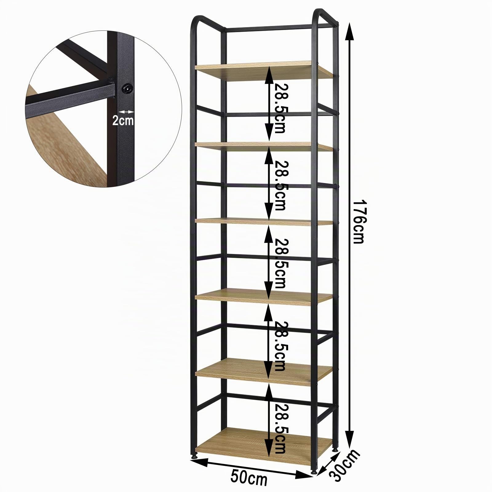 WOLTU Scaffale Libreria a 6 Livelli, Libreria Verticale Struttura | in Metallo, per Soggiorno/Camera da Letto/Studio, 50x30x176 cm, Nero + Rovere Chiaro