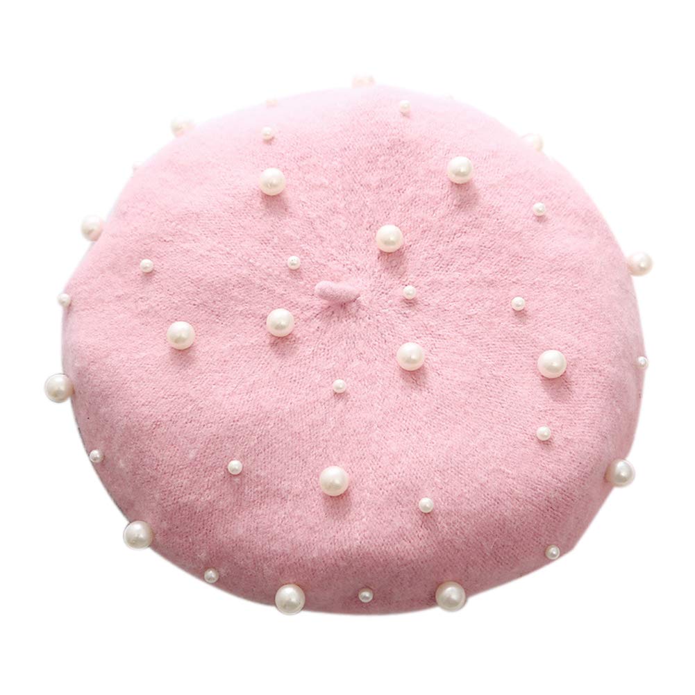 Women Solid Color Beret Wool French Artist Hat Warm Winter Beanie Cap Pearl Beaded Flat Cap for Female Pink