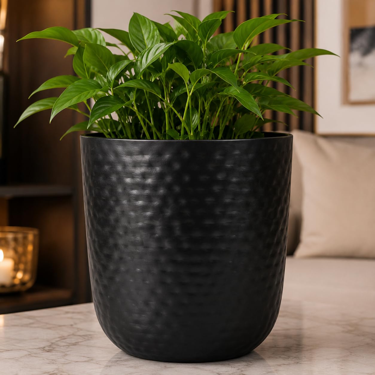 INDIAN DECORMART Hammered Metal Planter for Home Decor with Matte Black Finish, Decorative Indoor Outdoor Flower Pot for Bedroom, Living Room, Office Desk & Gift Sets (1 Unit, 23x23x23 cm)-image-20