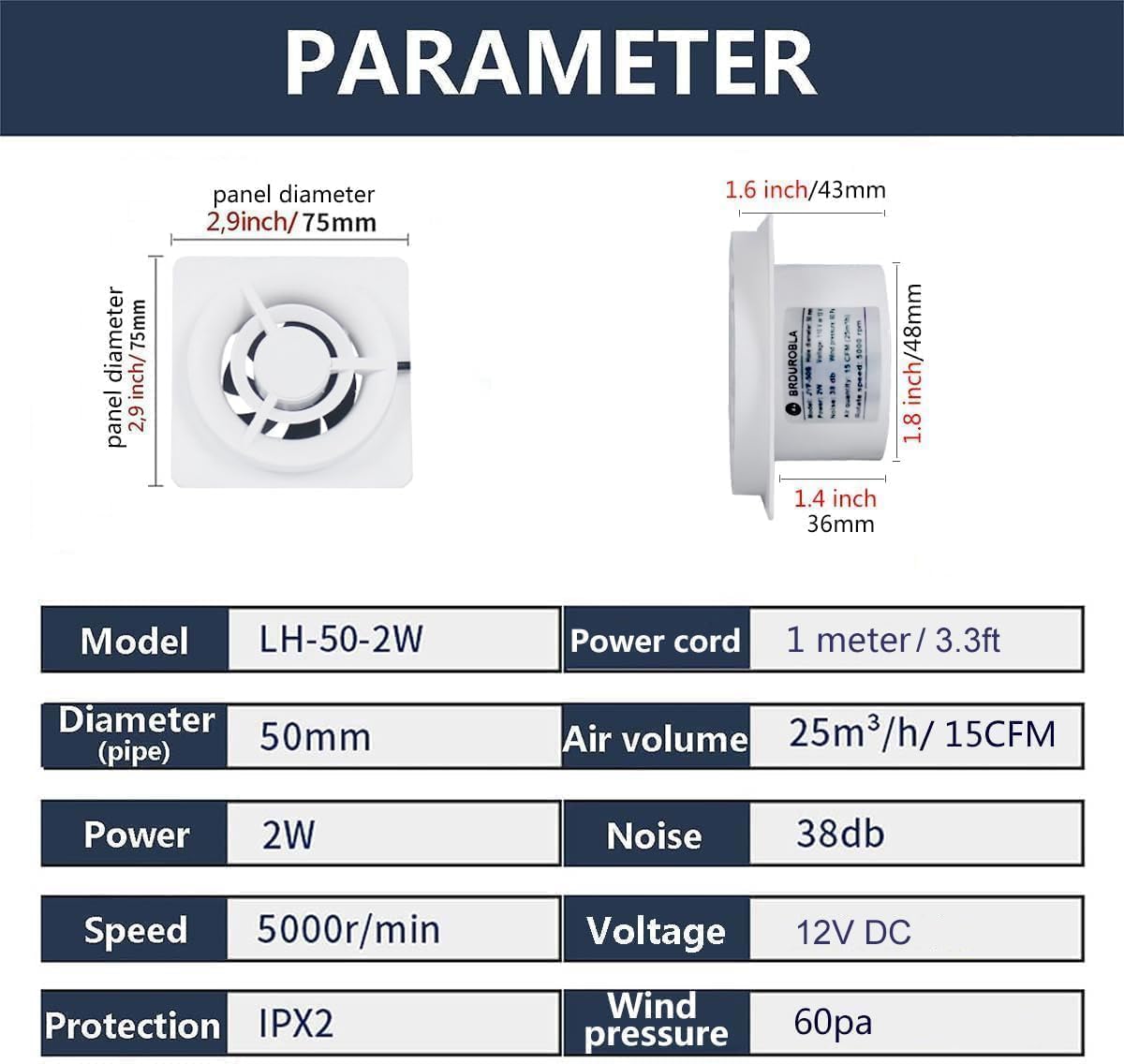 Ventilatore da Bagno con Il governatore 50 mm / 2 Pollici per Bagno e Cucina, Estrattore Aria 2 W, Silenzioso Ventilatore di Scarico, Alta efficienza 25 m3/h, 50mm