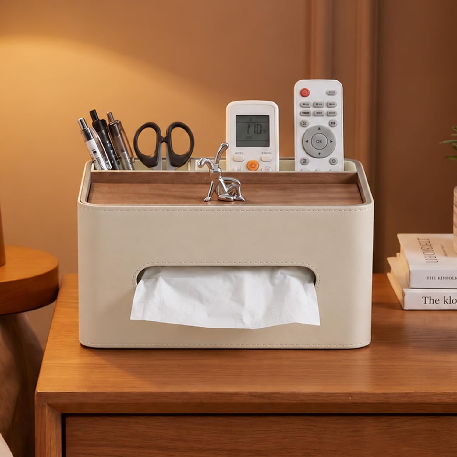 PU Leather Rectangle Tissue Box Cover with Storage Organizer, White image 2