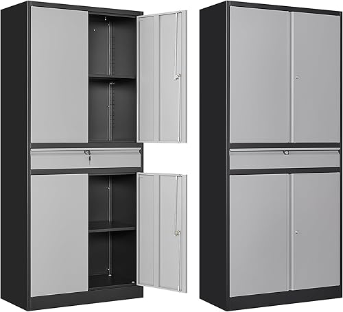 Miniatura 28 de Gabinete de almacenamiento de metal, gabinete de metal de 71 pulgadas de alto con 4 puertas y 2 estantes ajustables, gabinete de acero con bloqueo