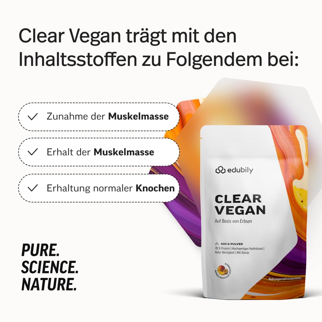 edubily® Clear Protein Vegan – 78% Protein aus Erbsen-Hydrolysat – Erfrischend & gut löslich – Laktosefrei - Mit Stevia - Clear Whey Alternative - Laborgeprüft (500 g, Mango Maracuja)