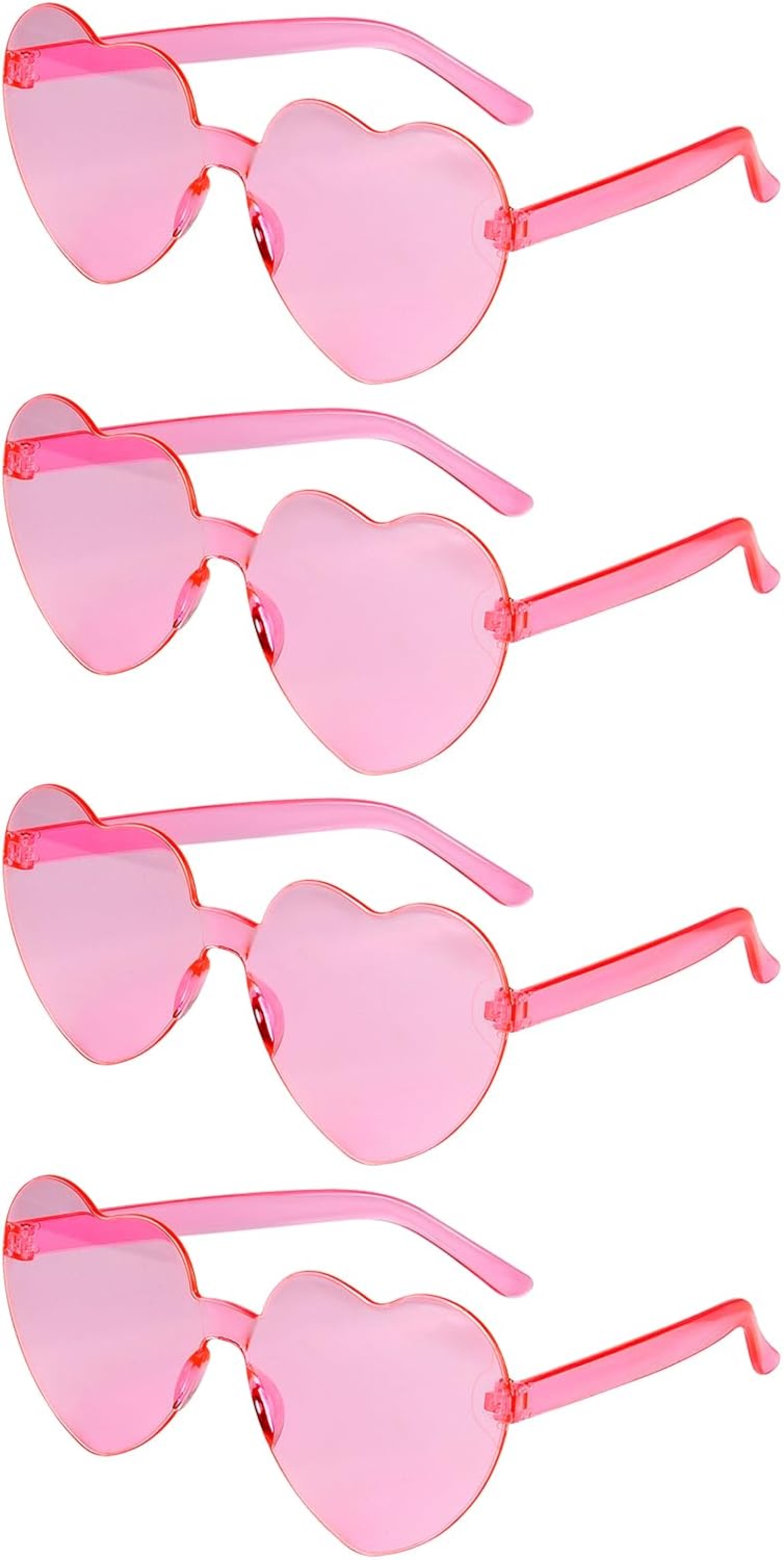 NACHLYNN 4 Pairs Pink Heart Sunglasses for Women Rimless Heart Shaped Sunglasses Candy Color Glasses for Party Favors