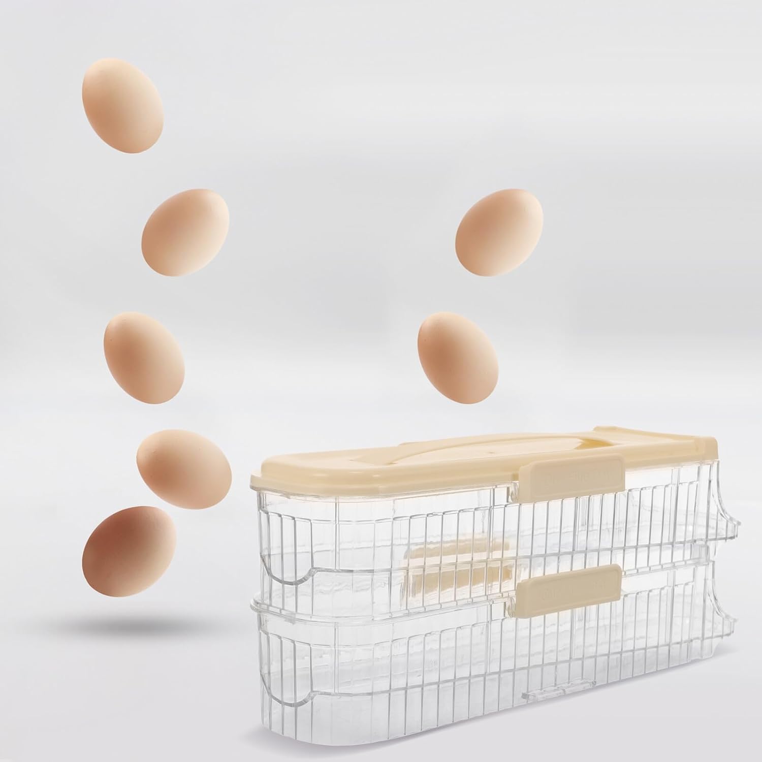 Egg Organizer for Refrigerator with Auto Rolling Dispenser 2-layer Cream White Egg Storage Container for Fridge Door for Kitchen Storage