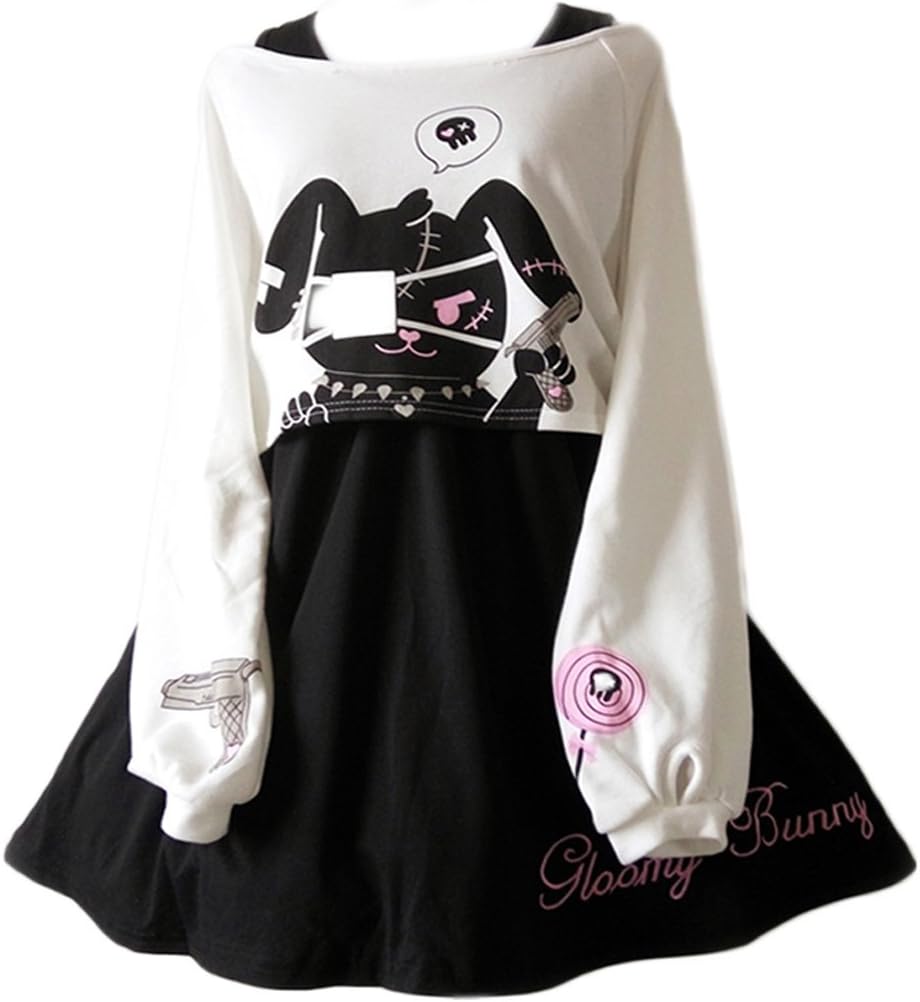Cute Dress for Teens Girl Two Piece Set Bunny Prints Casual Cotton Dresses for Spring Autumn