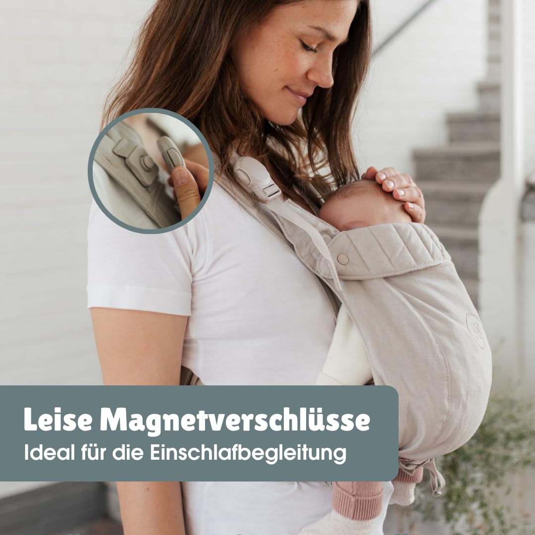 emma & noah Premium Babytrage – mitwachsend 3,5–15kg, ergonomisch, leise Magnetverschlüsse, gepolsterte Gurte & Hüftgurt, Leinen & Bio-Baumwolle (Essential Beige)