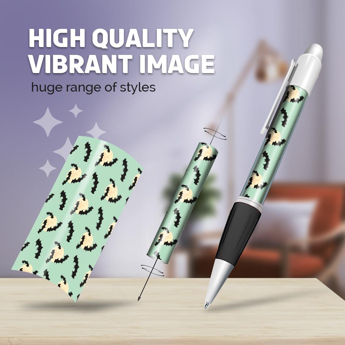 Set of 4 White Ballpoint Pens (Photo Insert) - Spooky Bats Moon Halloween - Soft Feel Finger Grip #170878 - Image 2
