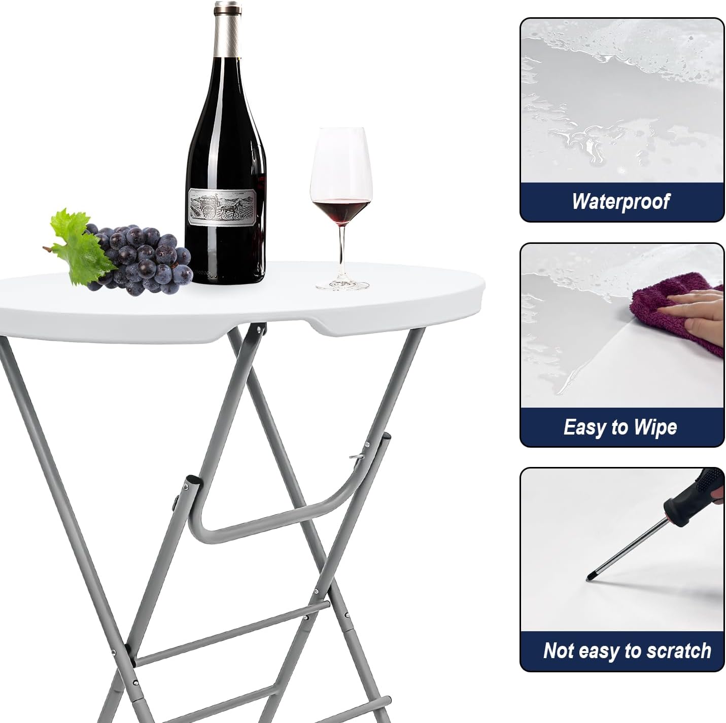 31.5" L X 31.5" W X 43" H - Cocktail Table White High Top Folding Table, Portable Bar Height Folding Table Round with Detachable Gray Legs