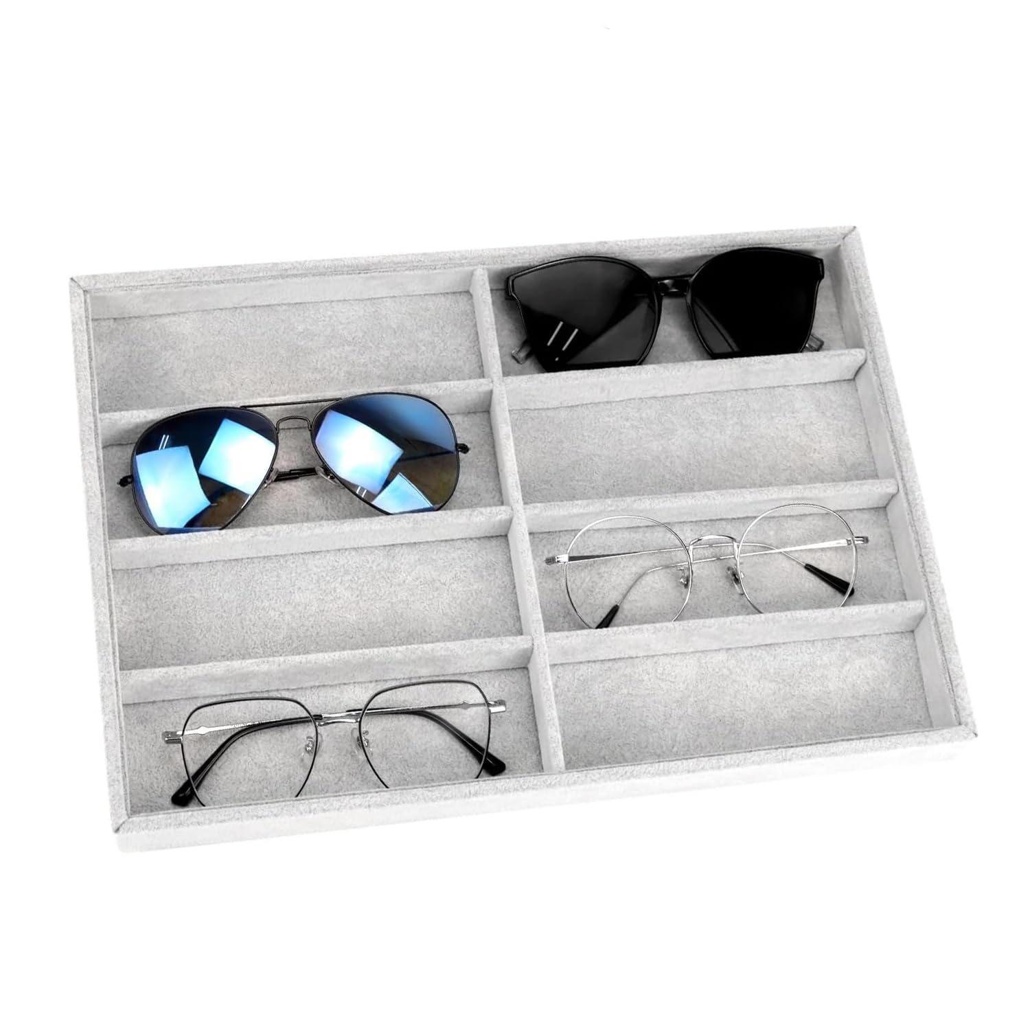 Lansls Organizador De Gafas 8 Rejillas, Bandeja De Exhibición En Terciopelo, Caja Apilable y Versátil Para Gafas De Sol, Relojes y Joyas, Ideal Para Hombres y Mujeres (Gris)