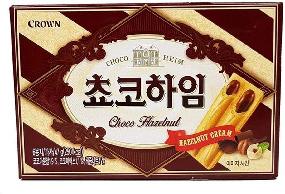 Crown Choco Heim | 47g | Pack of 5, Korean Snack, Chocolate Cream Wafers with Hazelnut Spread, Sweet & Rich Flavors, 초코하임