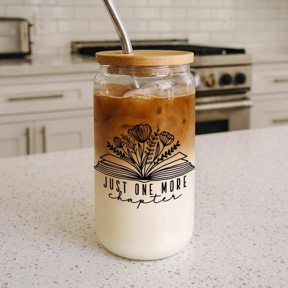 Cute Book Lover Cup Gifts for Women,Sister,Daughter,Friends, Bookclub Gifts ,Bookish Gift for Her on Birthday,Christmas,Just One More Chapter Coffee Drinking Glass Cup with Lid and Straw -139