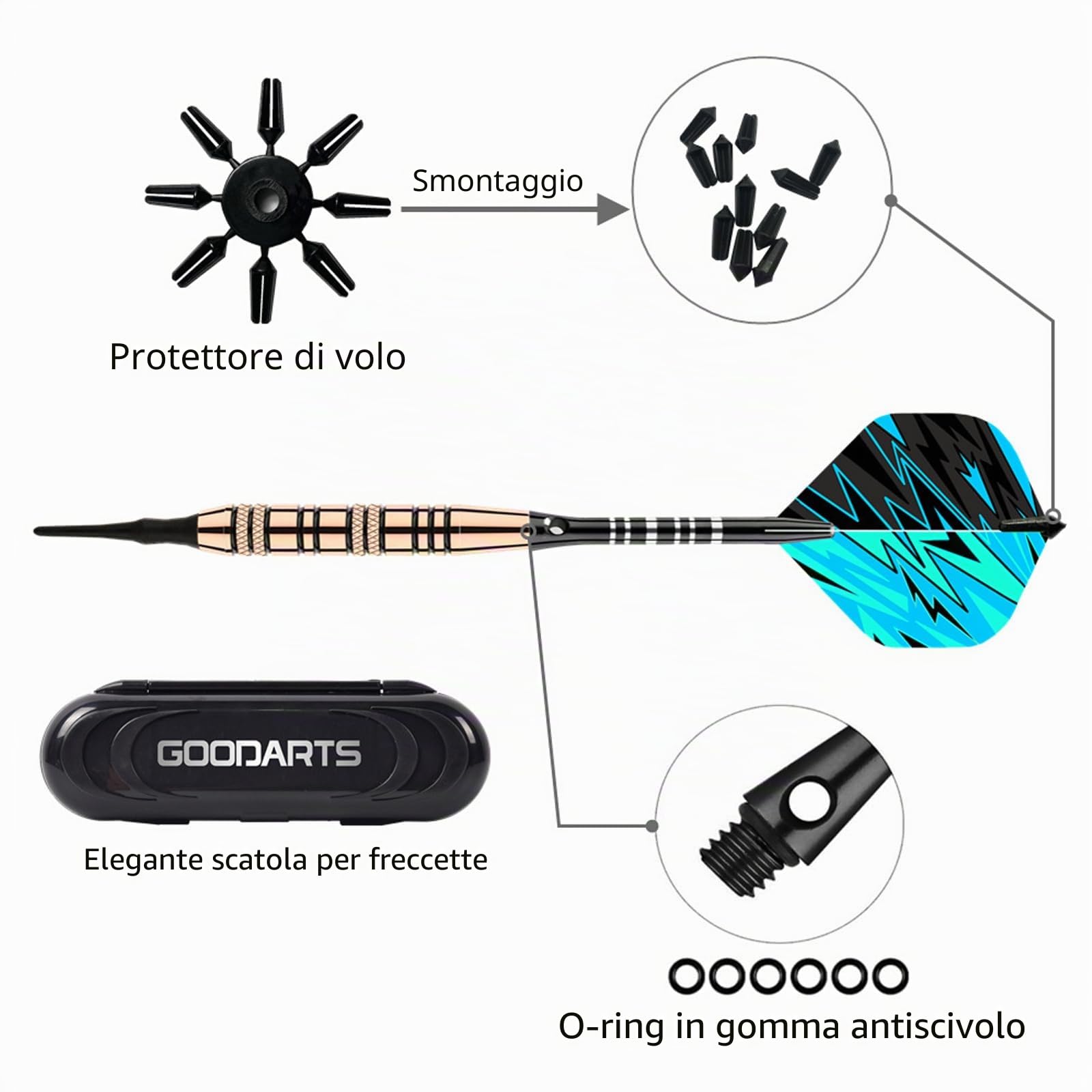 Genossen Freccette con punta in plastica, 18 grammi, 3 freccette professionali per bersaglio elettronico, freccette morbide con 30 punte in plastica, 6 alette e custodia (nero)