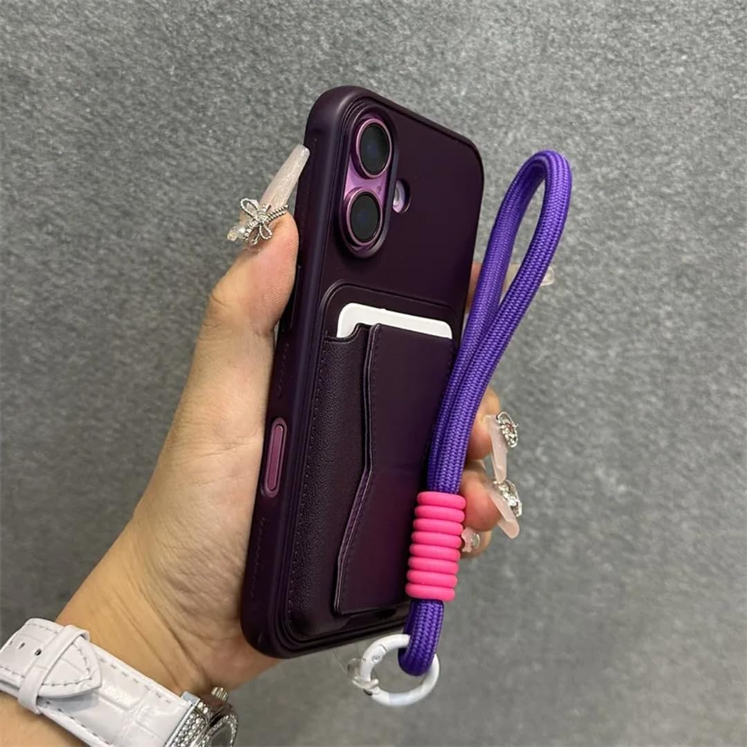 Étui portefeuille iPhone 15 Pro en cuir PU violet foncé avec cordon - 8