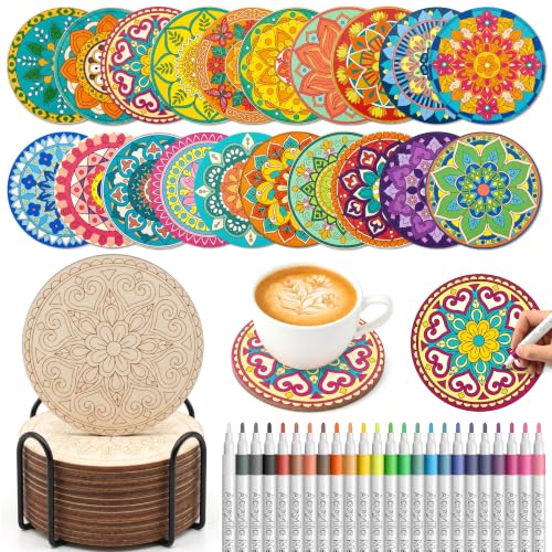 Nyxuso Wooden Drink Coasters Kits for Adults 65 Pcs Paint Your Own Set with 24 Markers 20 Coasters 20 Cork Mats 1 Holder(Vintage)