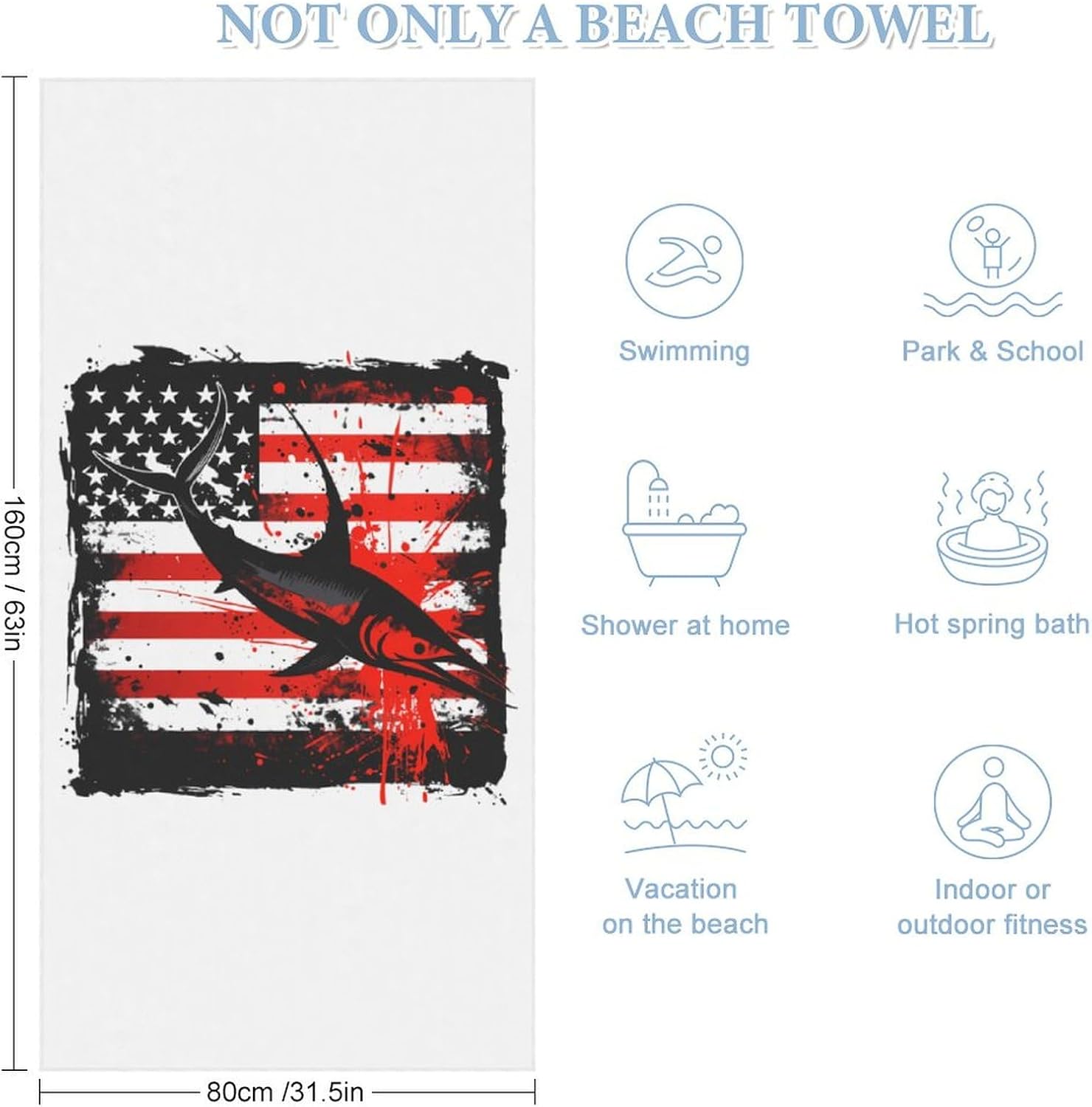 Fishing Marlin Swordfish Fish 4th of July American Flag USA Bath Towel Beach Towels Quick Dry Oversized Bath Blanket Highly Absorbent Towel for Women Men 160x80cm