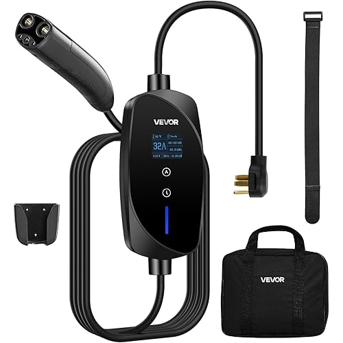 VEVOR Level 2 Tesla Charger, 32 Amp Adjustable Current, 240V Portable Home Electric Car EV Charger with 25 ft Charging Cable, NEMA 14-50P Plug, LCD Display, NACS Connector, for Tesla Model Y/X/3/S
