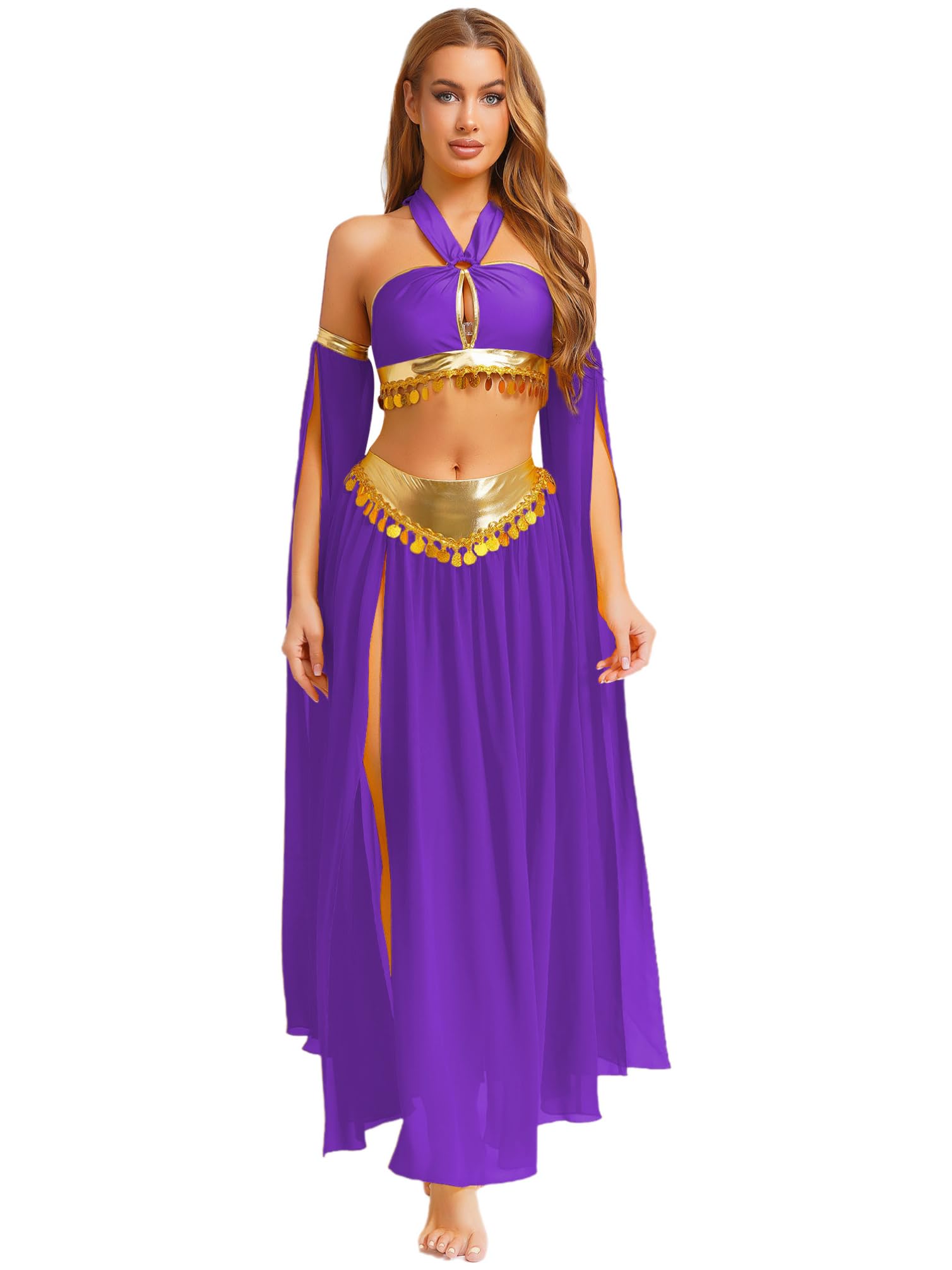 Set da 2 pezzi da donna per danza del ventre, con allacciatura al collo, top e maxi gonna, gonna da ballo indiana
