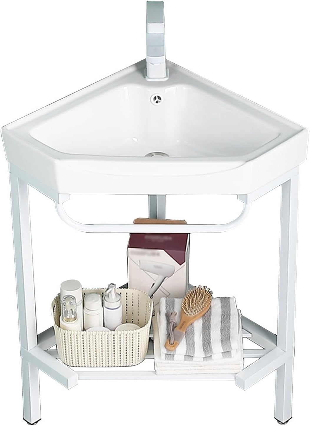 Bathroom corner sinks and vanity combo set,stainless steel bracket ceramic sink,utility sink free standing,Cabinet with mirror,faucet,accessories,for bathroom,balcony,guest room,small room ( Color : S