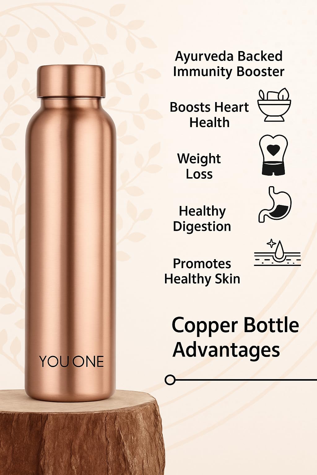YOUONE Pure Copper Water Bottle, Ayurvedic, Leak Proof, 1 Litre/34 oz, Handcrafted