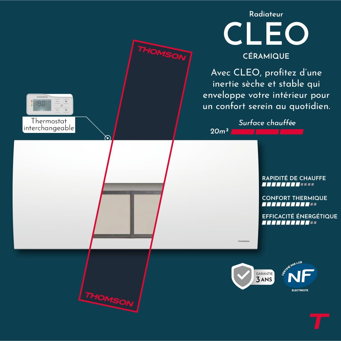 THOMSON - Radiateur électrique fixe à inertie sèche céramique avec thermostat interchangeable 2000W THOMSON CLEO horizontal blanc