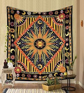 THE ART BOX Burning Sun Zodiac Aesthetic Hippie Tapestry Blue - 215x230 cm Mandala Indie Cotton Celestial Large Wall Hanging Tarot Trippy Tapestries for Bedroom