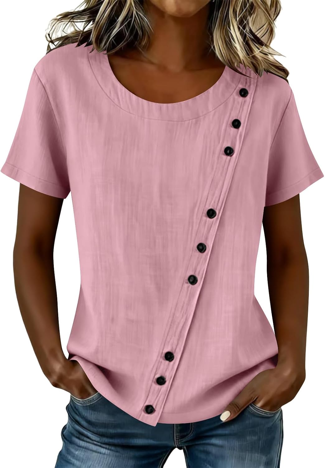 Womens Blouses Linen Shirts Short Sleeve Summer Causal | Linen Shirts for Women Short Sleeve Summer Causal Boho Gauze Tops Crewneck Loose Fit Peasant Blouses