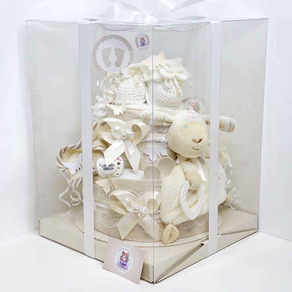 MomsStory Gâteau de Couches Neutre Mouton 2 Étages Beige Cadeau Naissance Baby Shower