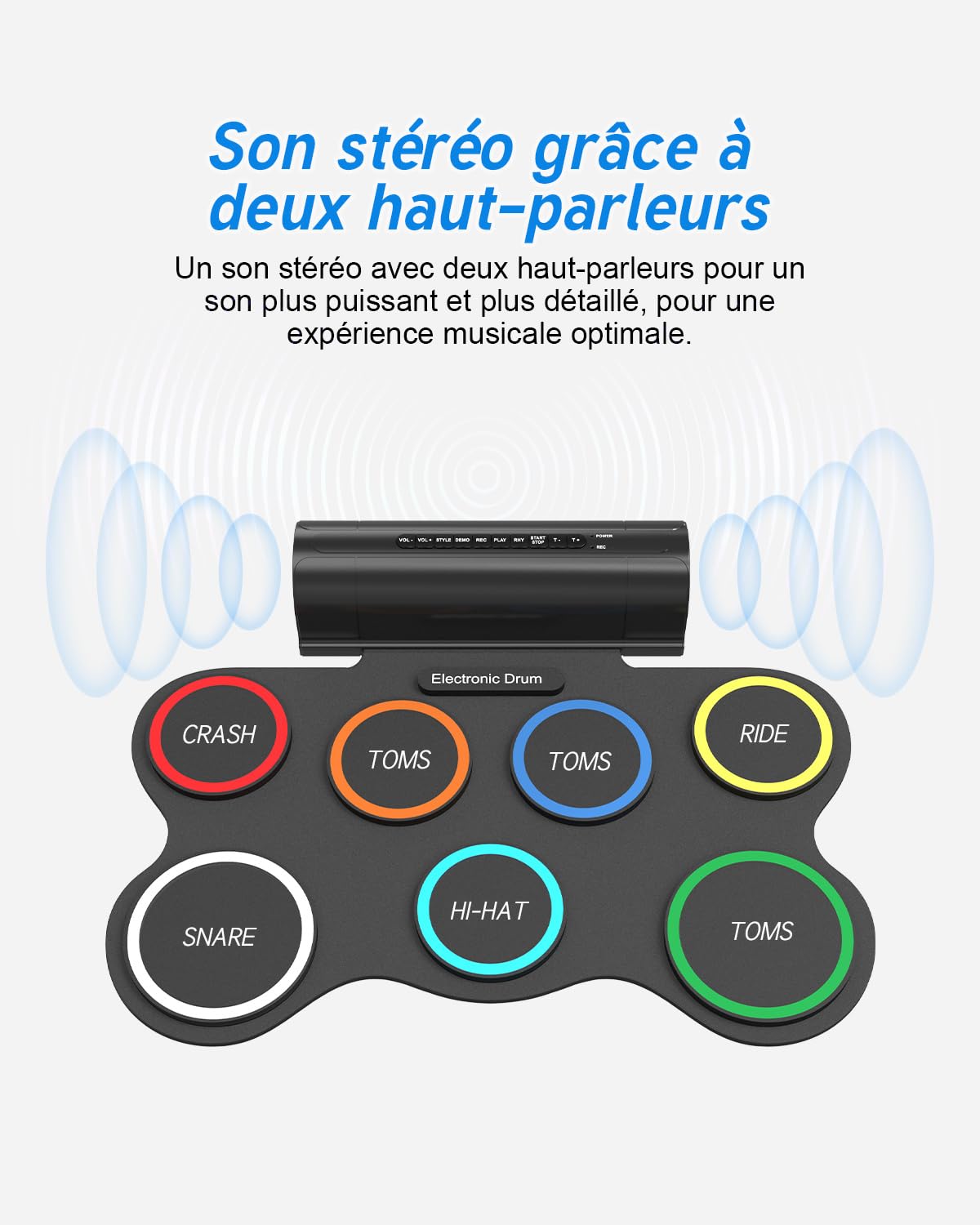 Batterie électronique pour enfants, 7 pads enroulable avec MIDI, kit de tapis de batterie d'entraînement pour débutants et enfants avec haut-parleur stéréo intégré, tambour électronique portable