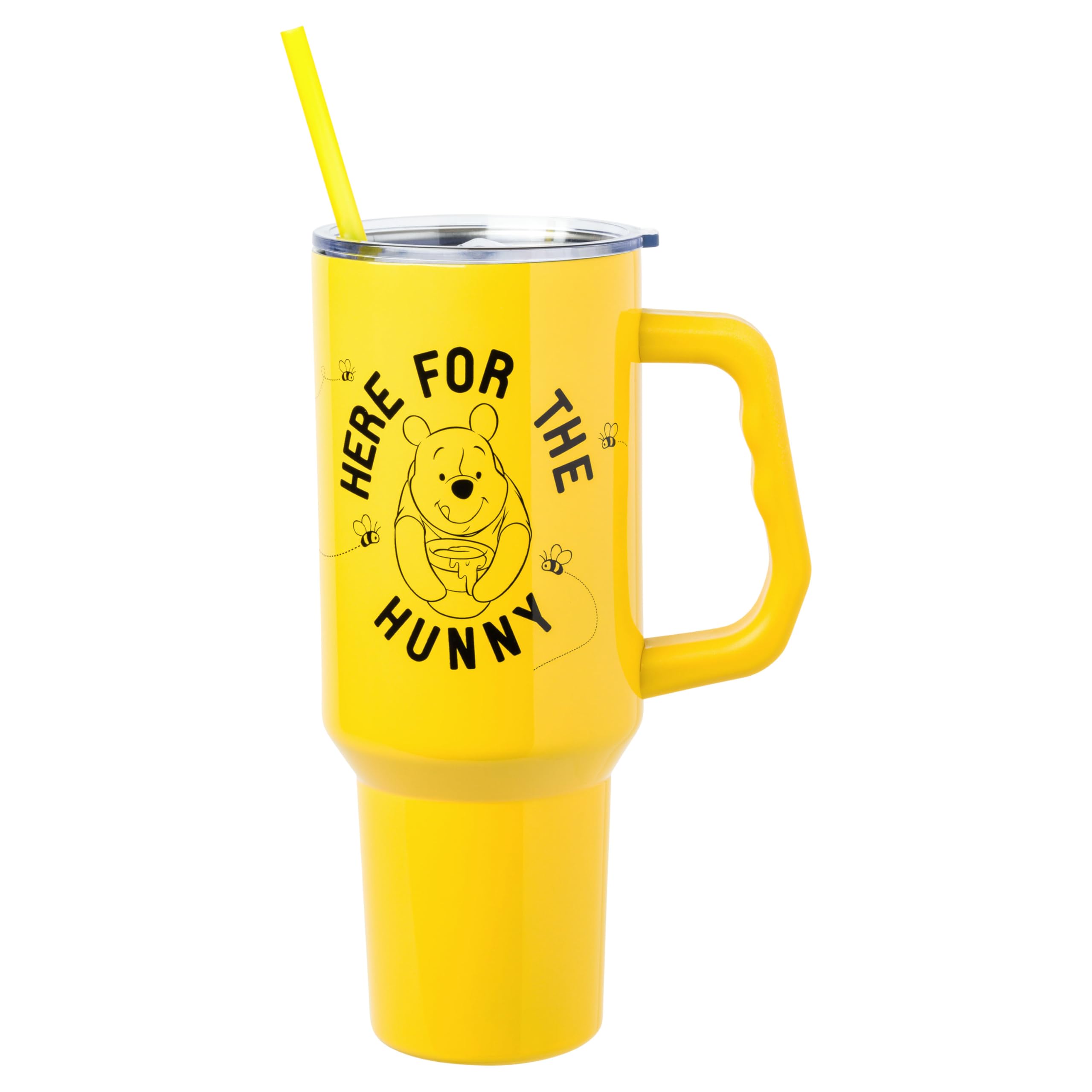 Silver Buffalo Winnie The Pooh Here For The Hunny Disney Stainless Steel Tumbler With Handle And Straw, Fits In Standard Cup Holder, 40 Ounces