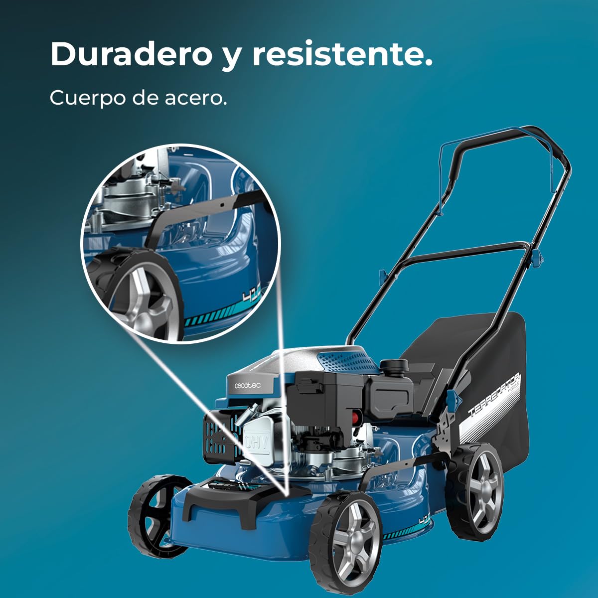 Cecotec Cortacésped de Gasolina Motor 144cc Terrenator 2700.41 Plus Total Z | Ancho de Corte 41cm, Cuerpo de Acero, Cambio de Altura Sistema Z-Tech, 3in1 con Mulching, Ruedas Traseras XL