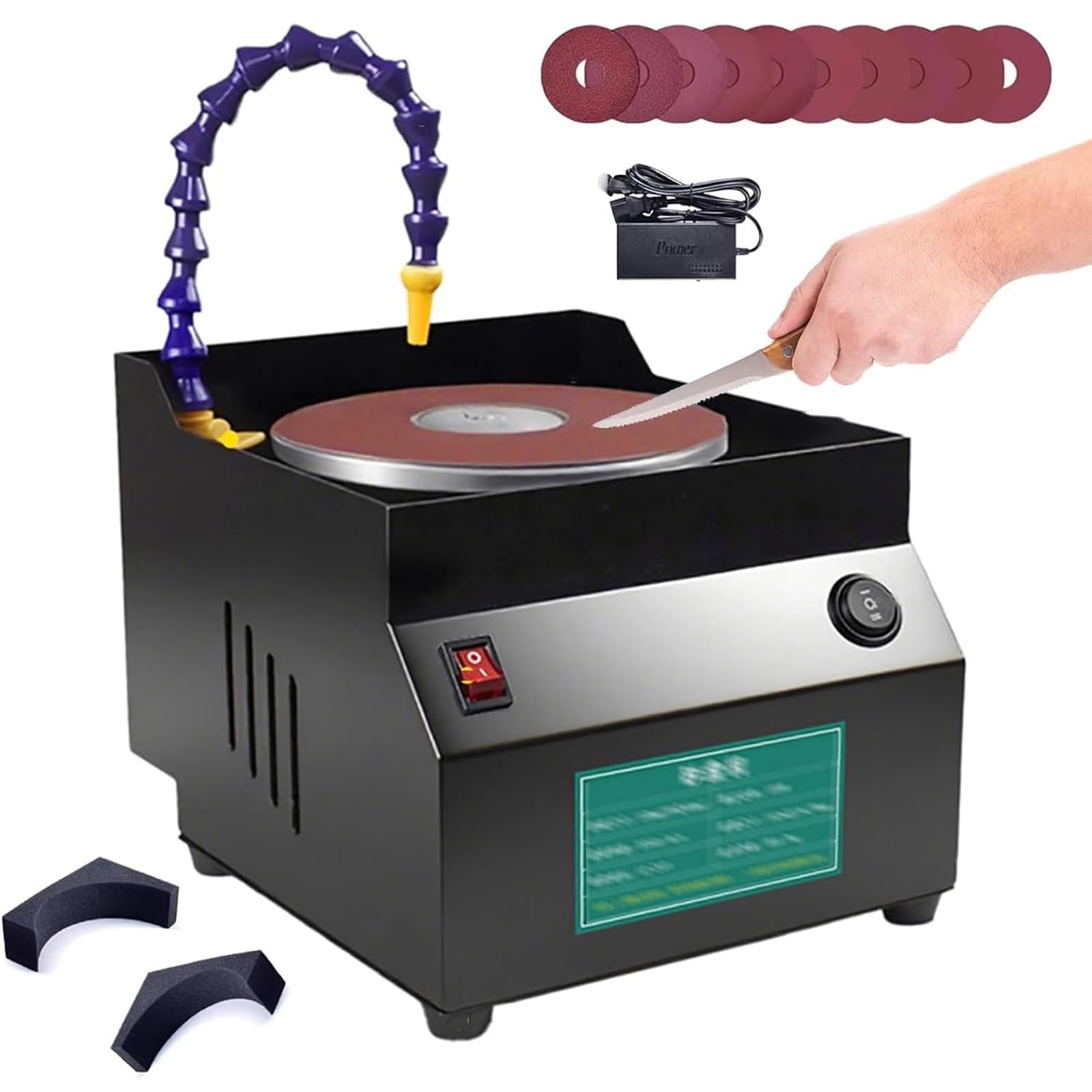 Lijadora Banco HúMeda 120W, Afilador Cuchillos EléCtrico, 7 Velocidades Variables Hasta 3350 Rpm, con RefrigeracióN Por Goteo Agua, 10 Hojas Papel Lija, para Cuchillos Chef,Black