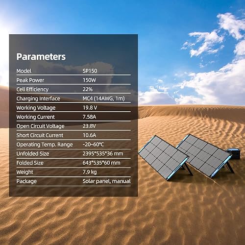 Miniatura 7 de XTAR SP150 - Panel solar portátil de 150 W para estación de energía, cargador solar plegable con soporte ajustable, panel altamente eficiente para