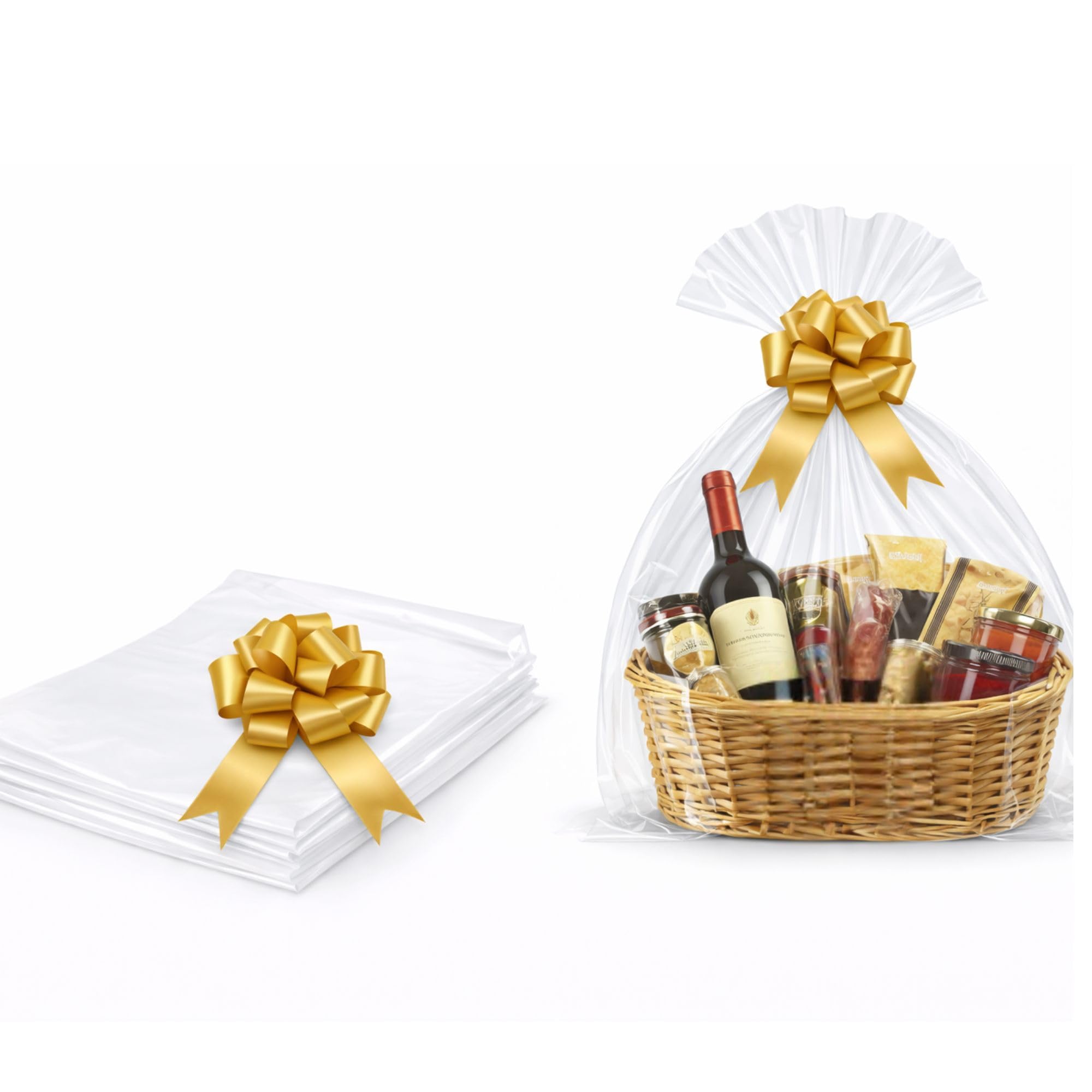 3m x 80cm Clear Cellophane Wrap & Gold Pull Bow Cellophane wrap for hampers Pre-Cut and Folded for Postage - Ideal for Gift Basket Hampers and Gift Wrapping