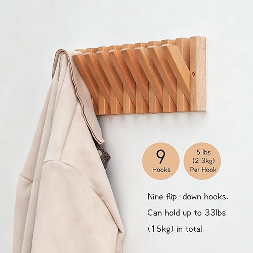 Miniatura 4 de Ganchos para abrigos y sombreros de pared con soporte para llaves, perchero montado en la pared con 9 perchas retráctiles, soporte delgado de madera