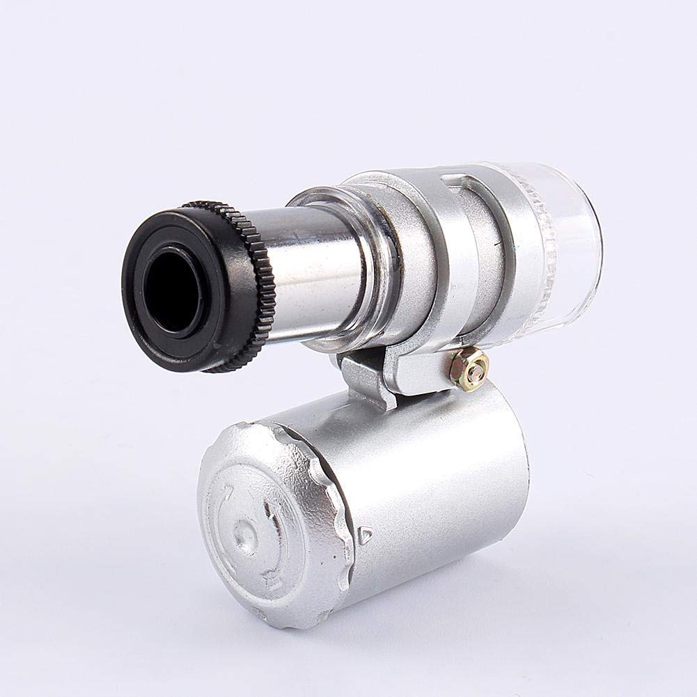 Mini mikroskop metalowy, 60x lupa kieszonkowa szkło lupa z kieszonkowym mikroskopem LED UV do biżuterii diamenty klejnoty monety znaczki