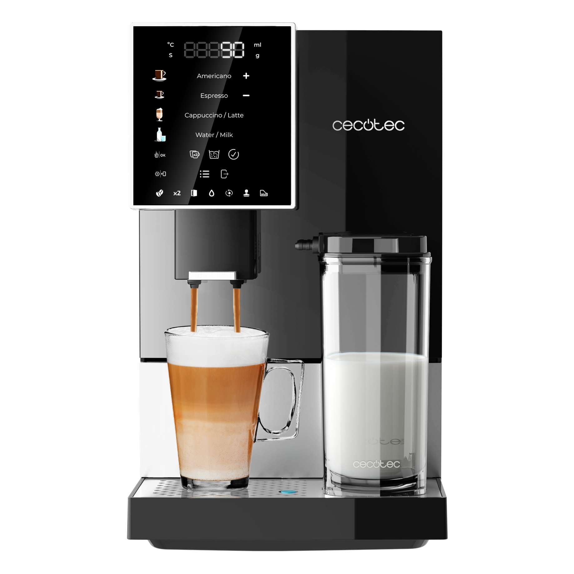 Cecotec Cafetera Superautomática Cremmaet Compactccino Black Silver, 19 Bares, Sistema Thermoblock, Grano recién molido con Plug&Play, Depósito 150gr café con molinillo, 1,1 L agua, 400ml leche