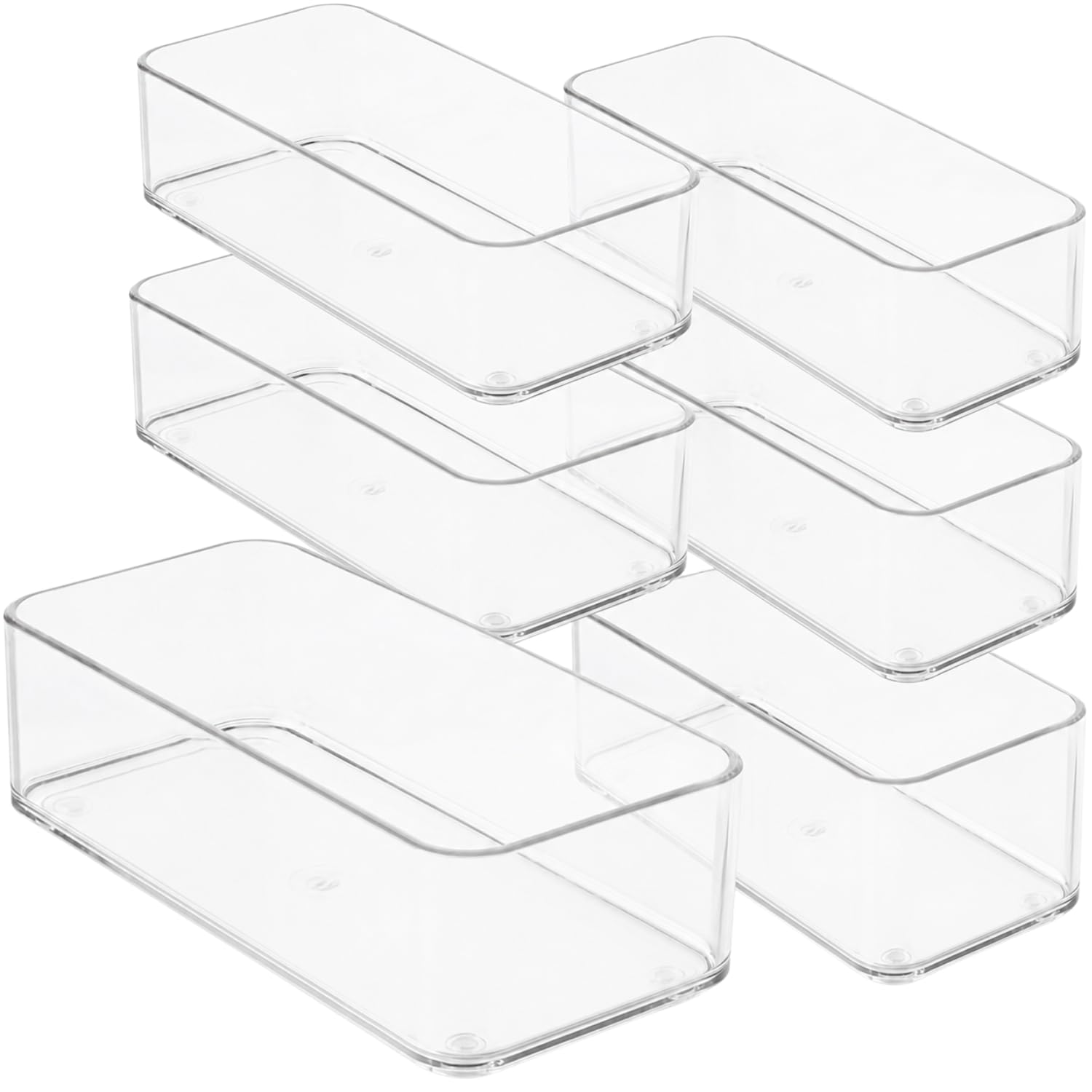primebox Organizadores de cajones de plástico transparente. Baño, cocina, dormitorio, joyas, oficina, bandejas de almacenamiento. Resistentes, apilables. 9 x 3 x 2 pulgadas, juego de 6