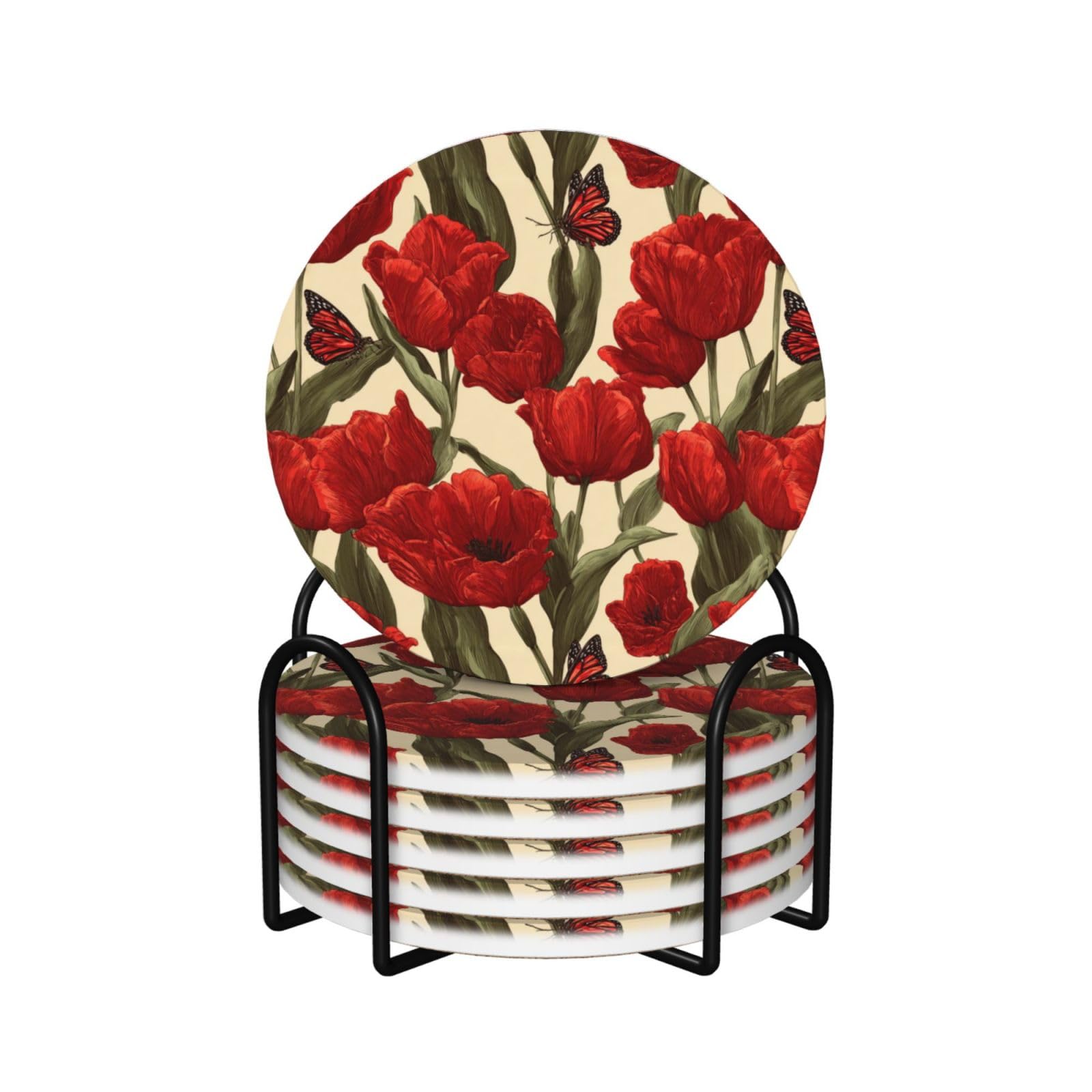 Tulip Flowers Butterfly Vintage Ceramic Coasters with Holder 6ps