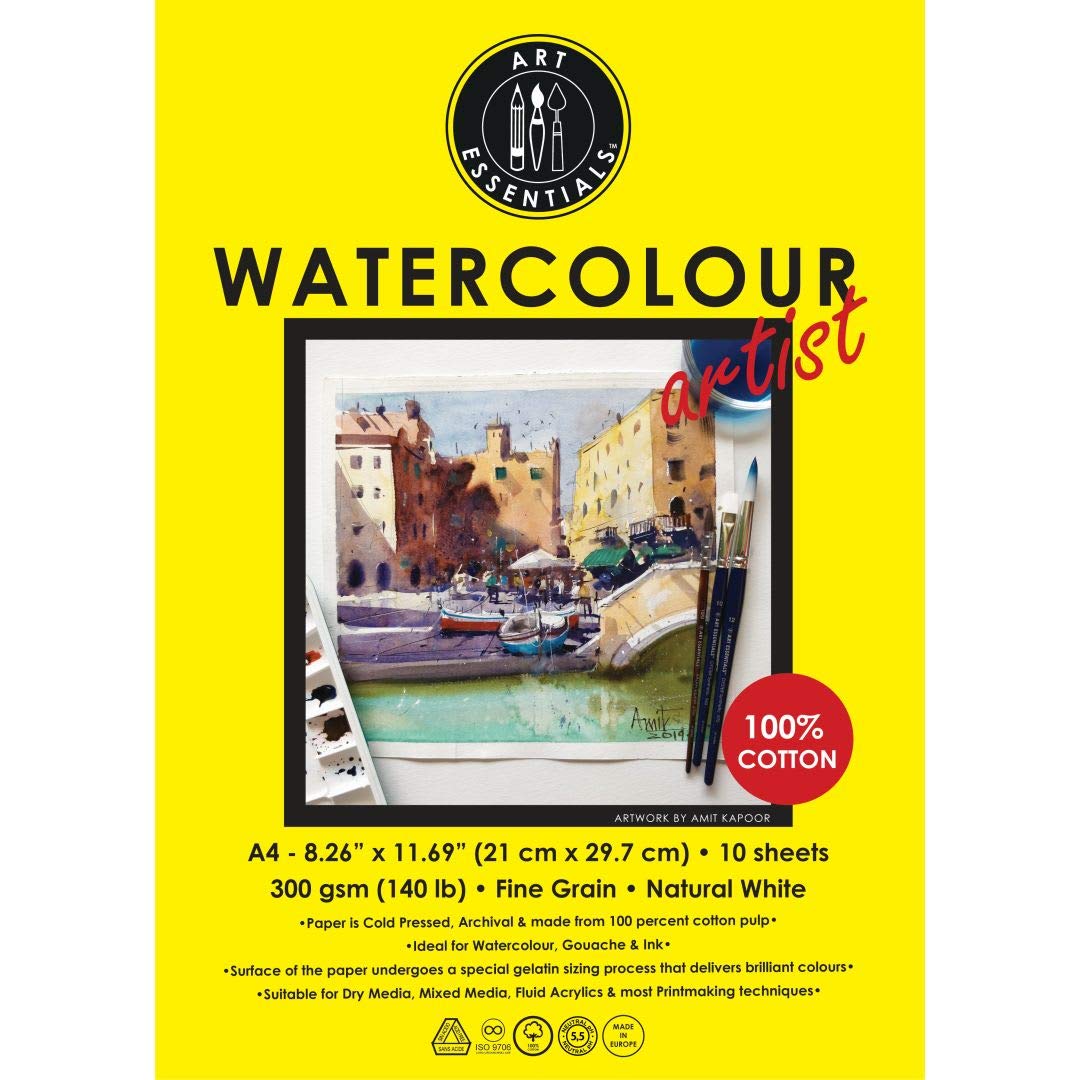Art Essentials Watercolour Artist A4 Natural White Cold Pressed 300 GSM 100% Cotton, Pack of 10 Sheets, Acid Free Papers for Water Color, Gouache, Ink, Acrylic, Mixed Media, Art Painting, Drawing (B07VF54BX7) Amazon Price History, Amazon Price Tracker