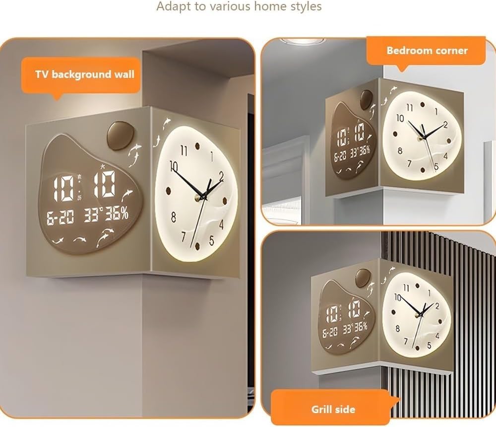 Dwustronny zegar ścienny z pilotem, 3-kolorowe światła LED do dekoracji salonu, nowoczesny design, zasilany bateriami, wyświetlacz cyfrowy, idealne akcesoria domowe